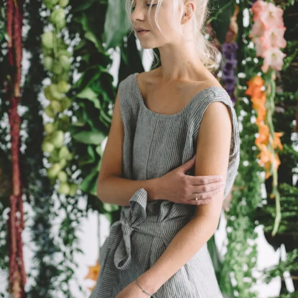 Linenfox Evelyn Linen Jumpsuit In Natural Grey Stripes